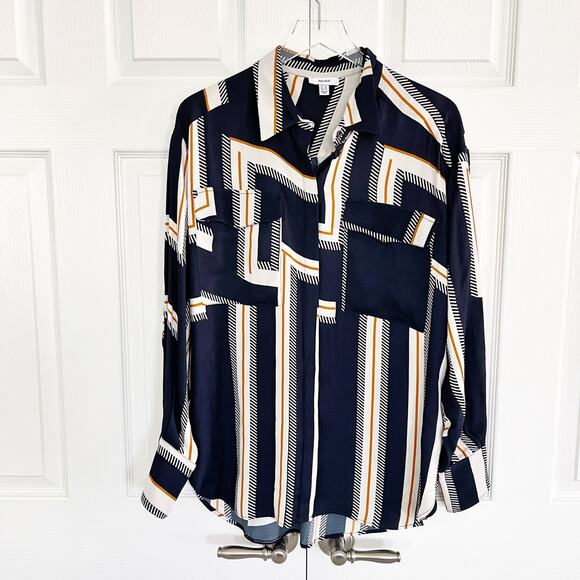 Reiss Isadora Navy Geometric Print Button Through Shirt - Picture 3 of 9